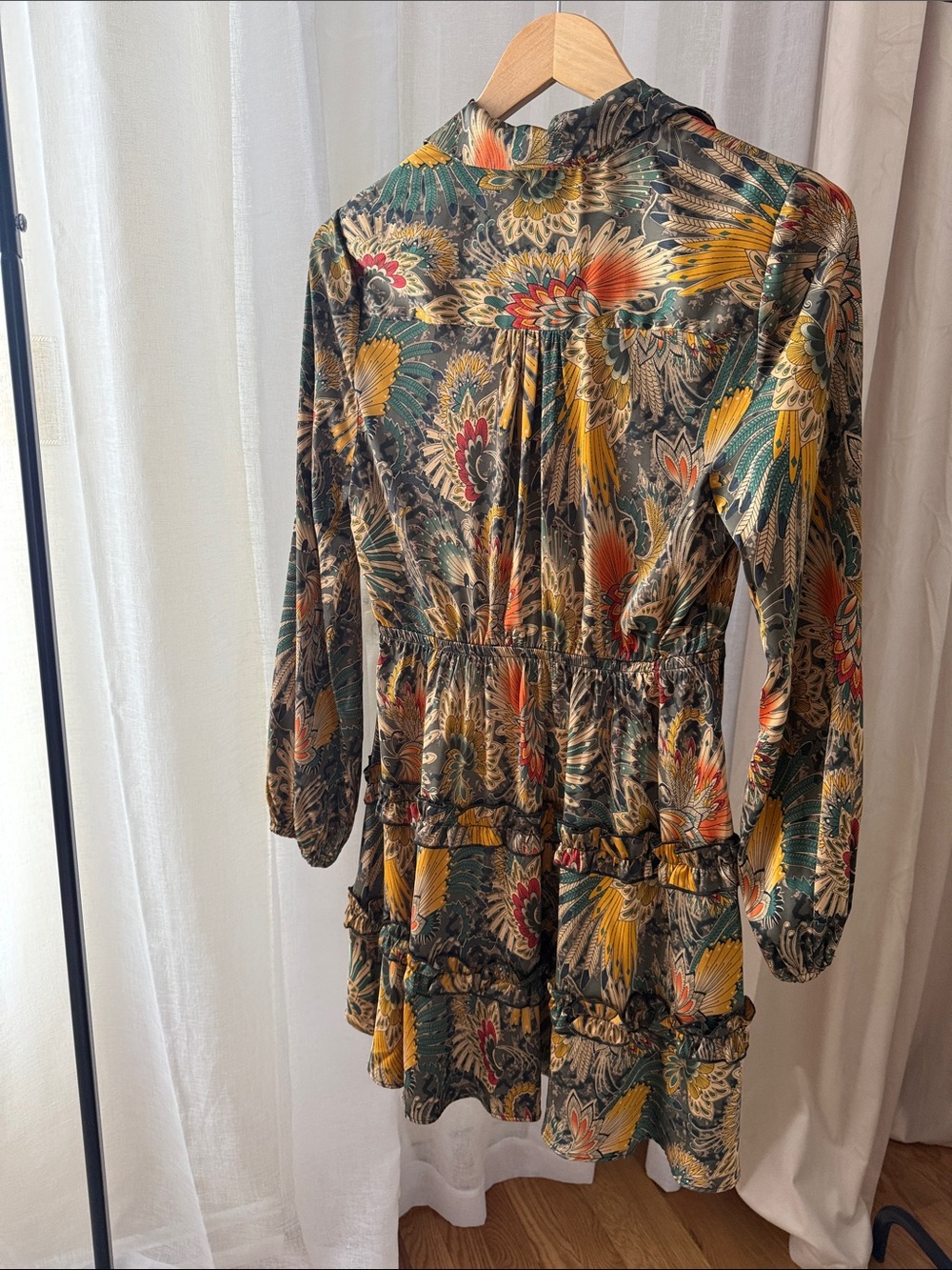 Sam Edelman Long-Sleeve Tiered Dress in Mustard, Teal & Rust - Picture 4 of 8